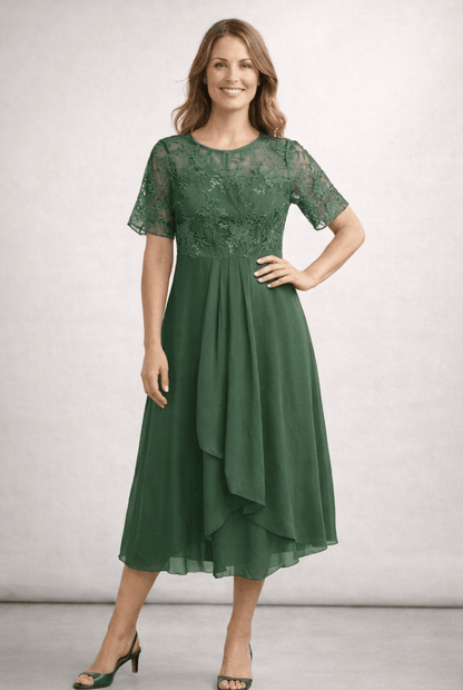 Kleid Hochzeitsgast Damen Midi | Spitzenoberteil & Kurze Ärmel