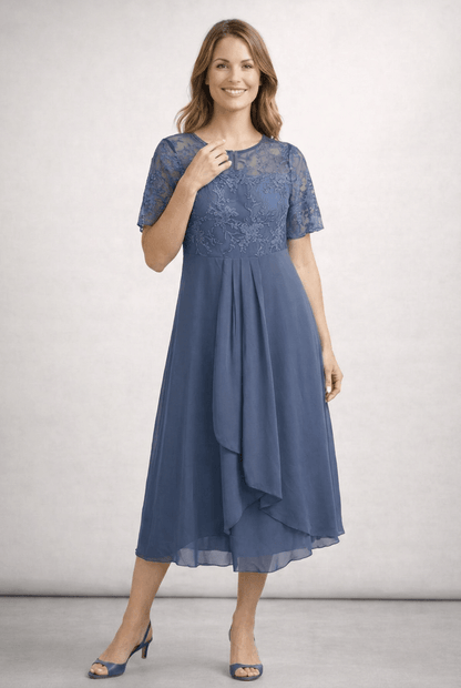 Kleid Hochzeitsgast Damen Midi | Spitzenoberteil & Kurze Ärmel