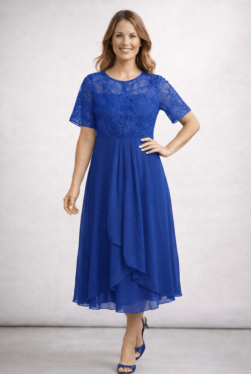 Kleid Hochzeitsgast Damen Midi | Spitzenoberteil & Kurze Ärmel