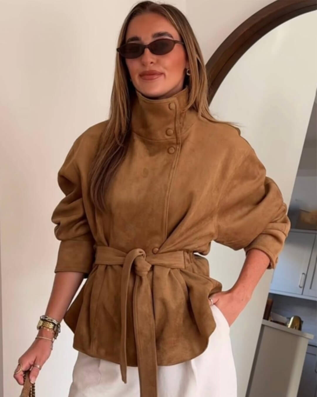 Oversized dames jas | Ceintuur & Staande Kraag