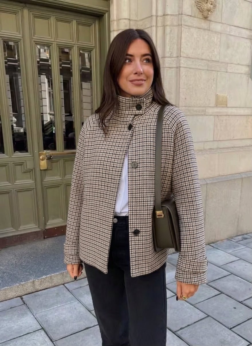 Dames cropped jas | Pied-de-poule & Hoge kraag