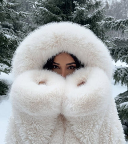 Dames Winterjas Wit | Kunstbont Jas met Capuchon